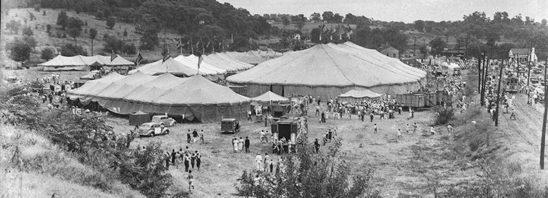 Views of the circus Big-Top and the entire Tent-City. Trimble Bottom Robbins Bros. Circus