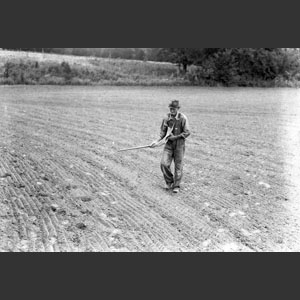 Man sowing oat seed with a "horn"
