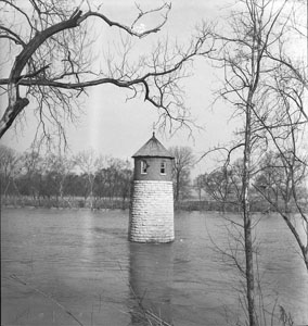 Stone tower in river - Shelby Park city pumping station