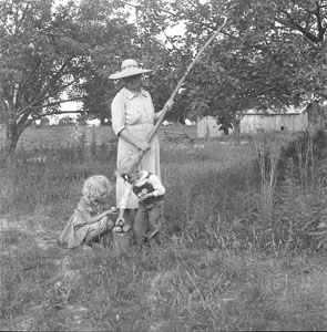 Women knocking apples off tree - Aunt Minnie