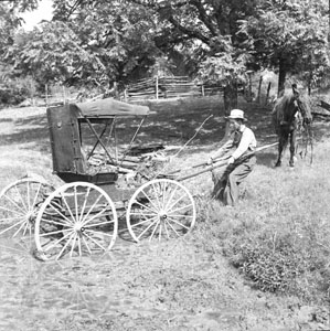 Man pulling on buggy stuck in mud-hole